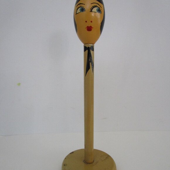 Egg Head Flapper Wooden Hat Stand Painted Blue Eyes Lathe Turned Millinery Decor main image 8